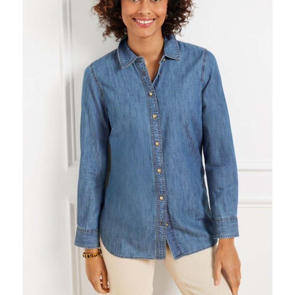 Talbots Size L Chambray Blouse Gold Button Down 100% Cotton Preppy Classic